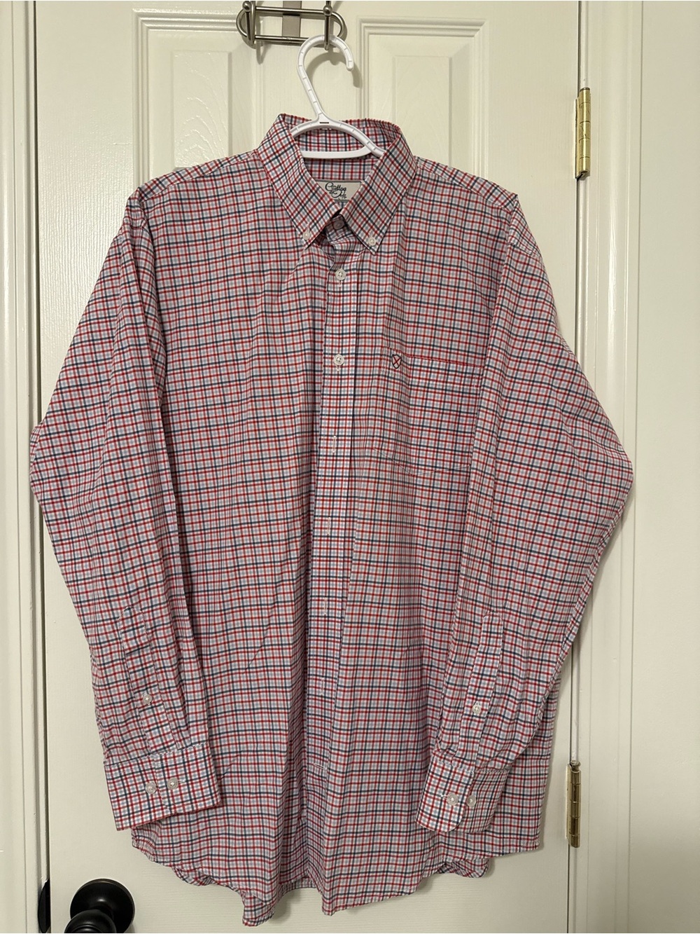 Men's Red and White Plaid Long-Sleeve Dress Shirt